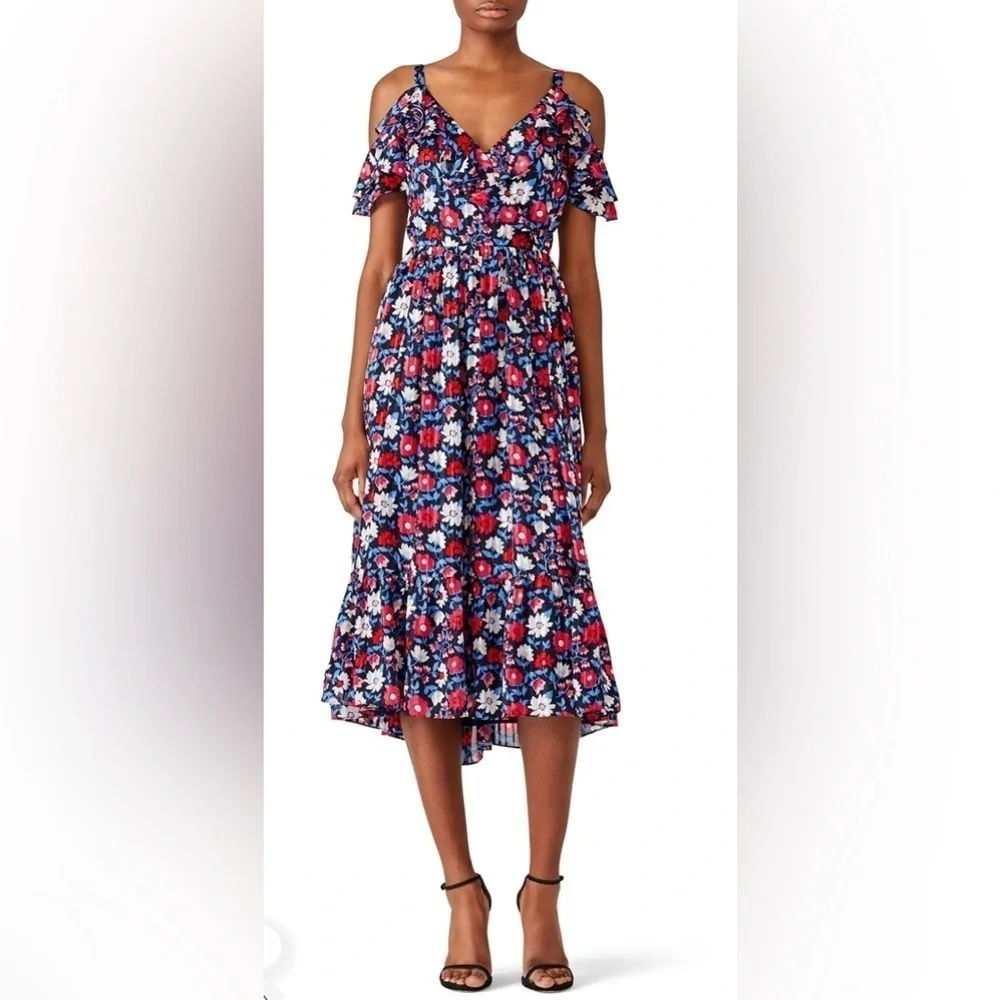 Kate Spade New York Navy Daisy Cutout Shoulder Silk Midi Dress Sz 2